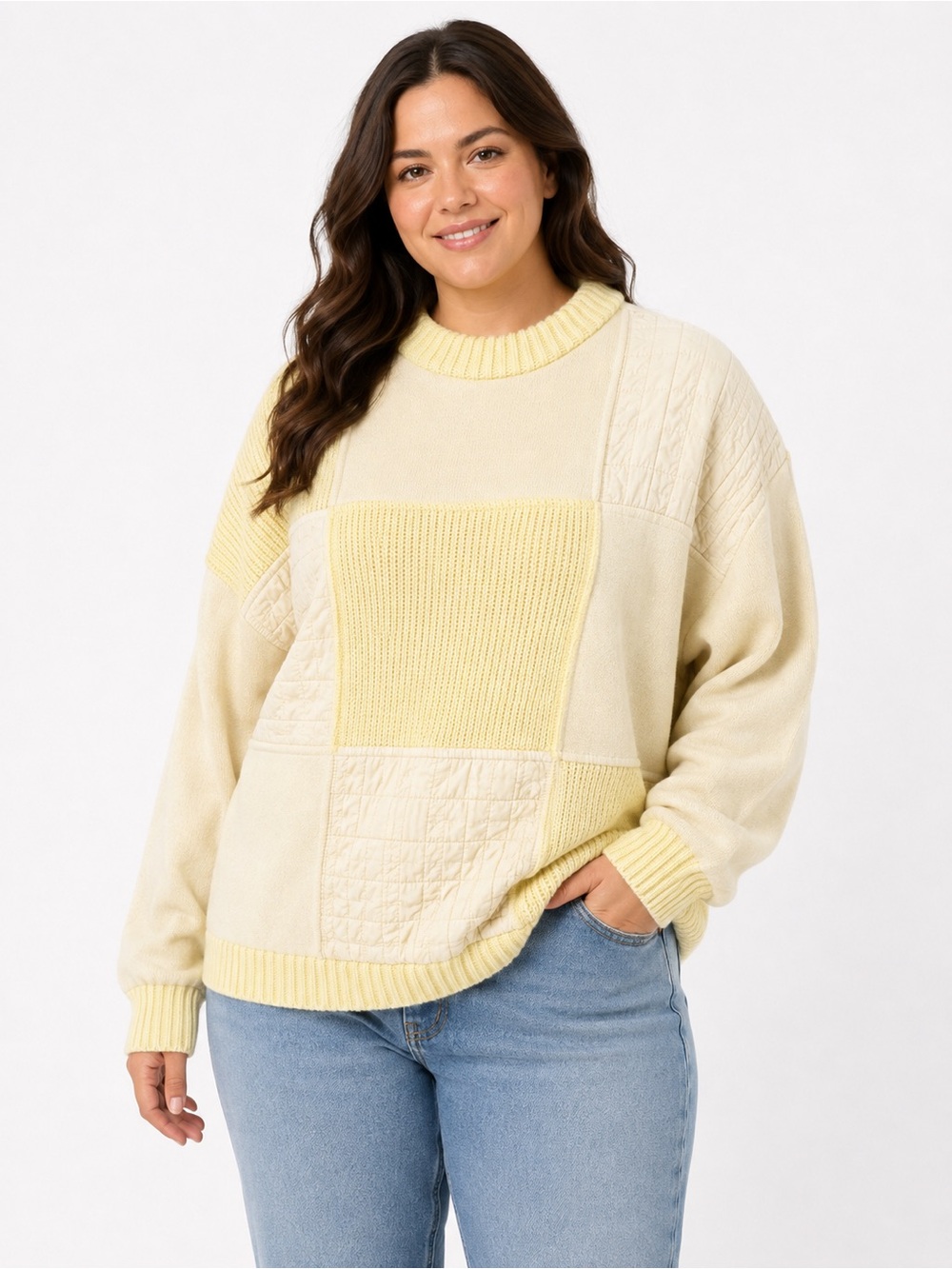 Vintage Freelance Sportswear Patchwork Mixed Knit Sweater Size M Cream Yellow